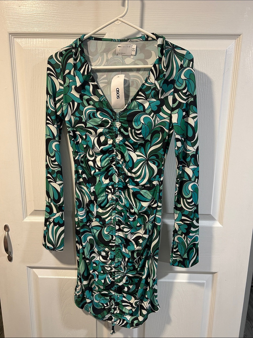 ASOS Green Teal Swirl Ruched Long Sleeve Dress